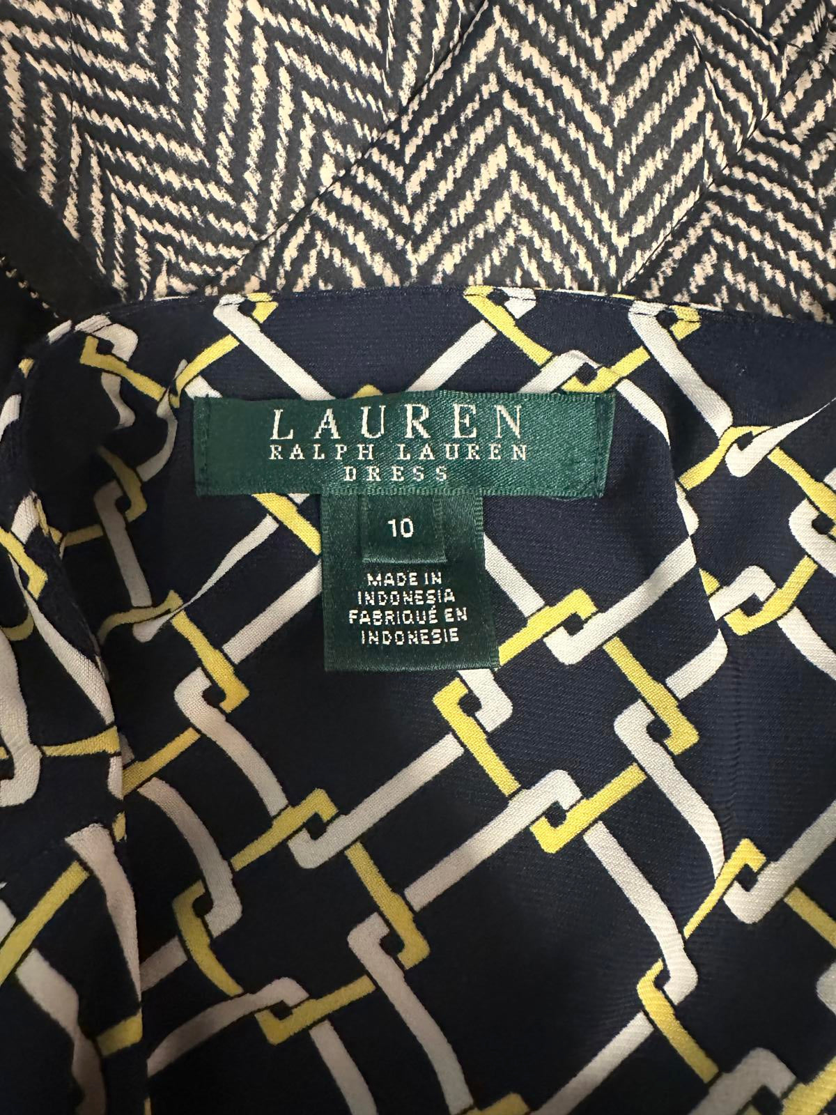 Lauren Ralph Lauren navy/yellow/white ruched faux wrap sheath dress Size 10