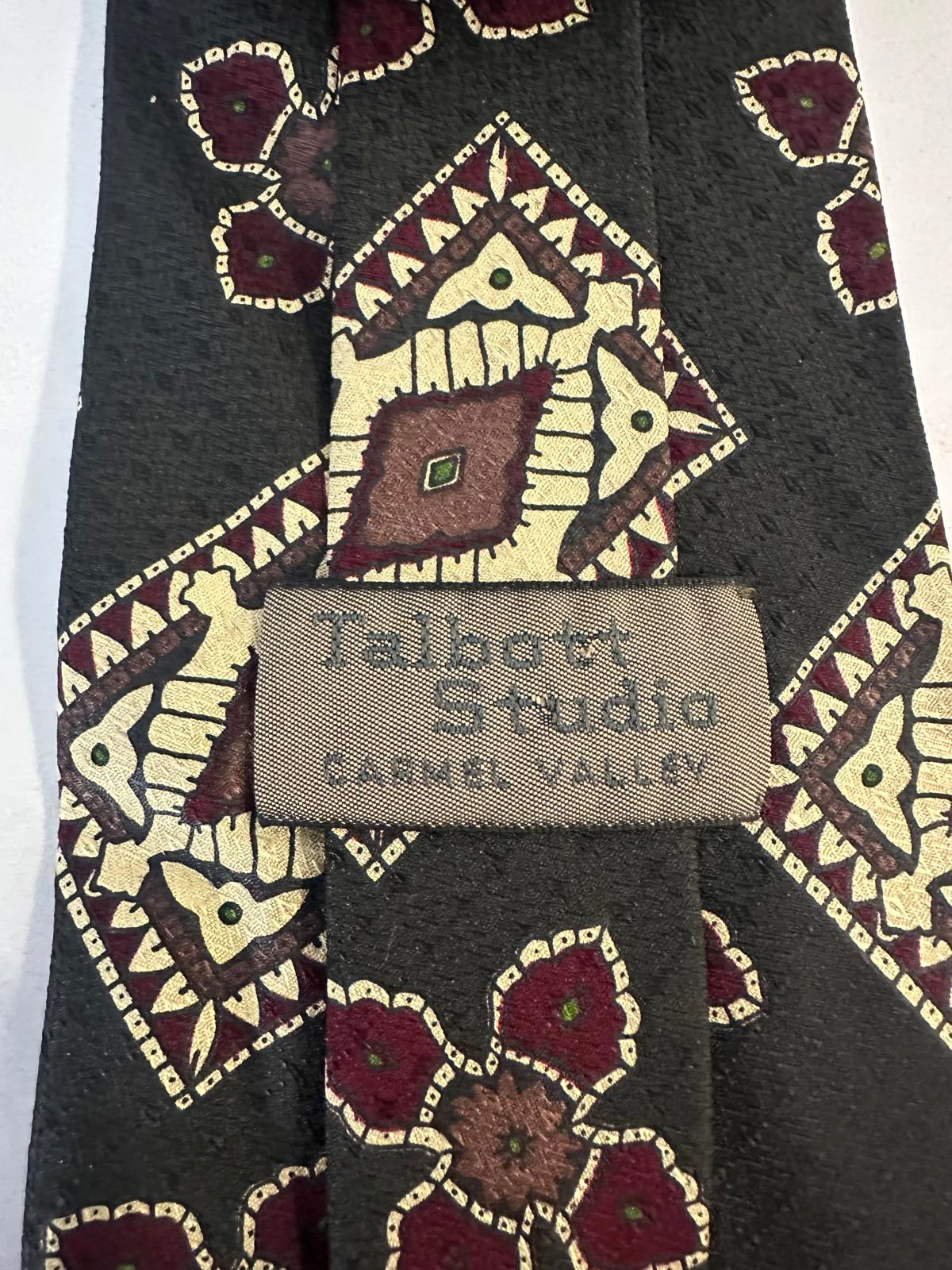 Vintage Talbott Studio classic dark grey/burgundy/cream geometric silk necktie