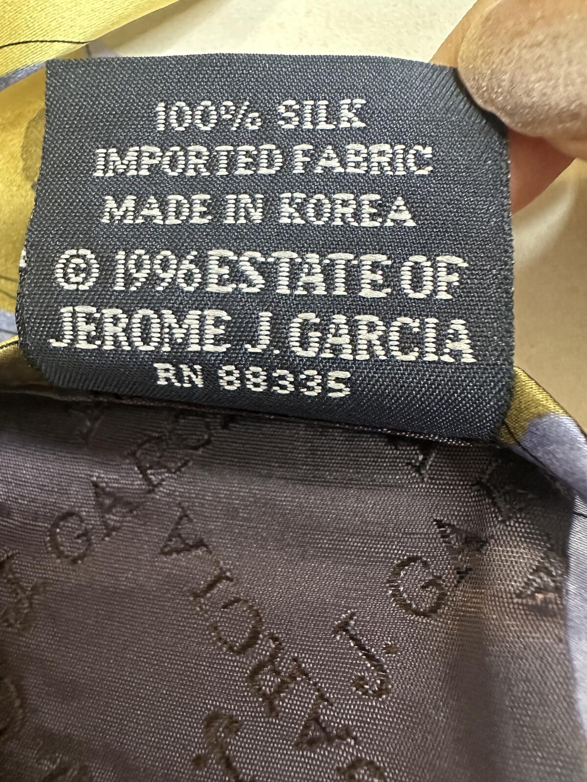 Vintage J. Garcia 100% silk tie gold/dark gold/silver/blue abstract wearable art