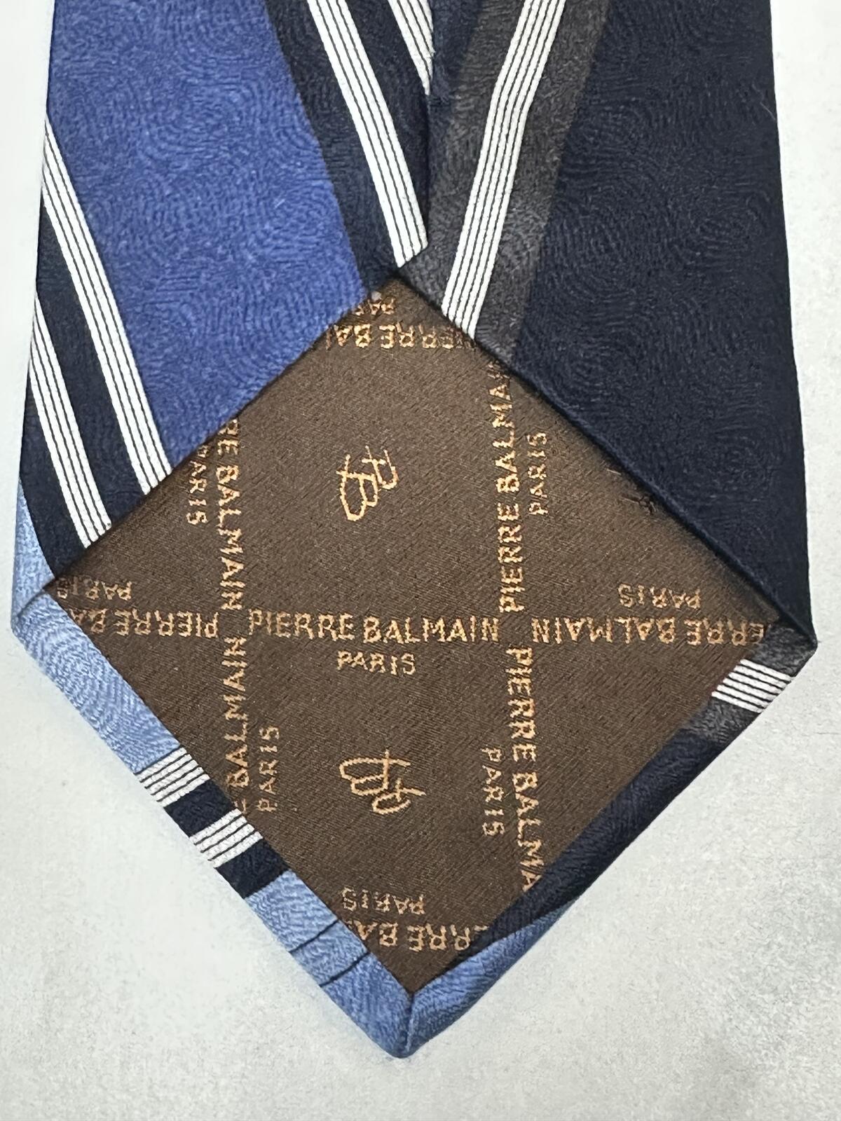 Vintage Pierre Balmain Paris silk tie blue/navy/silver abstract striped designer