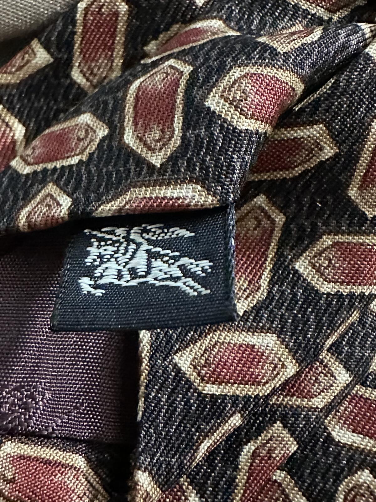 Vintage Burberrys London silk tie black/brown/gold geometric medallion classic