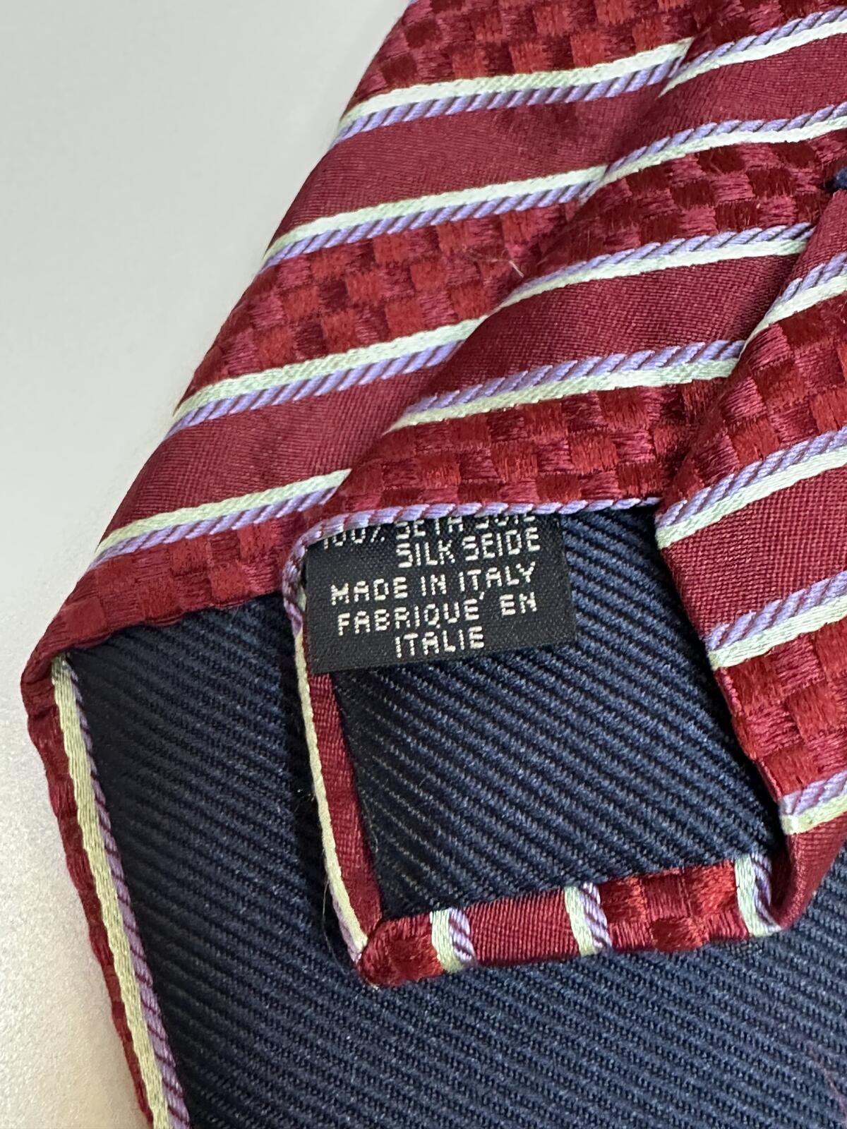 Canali 100% Italian silk tie burgundy lavender cream striped
