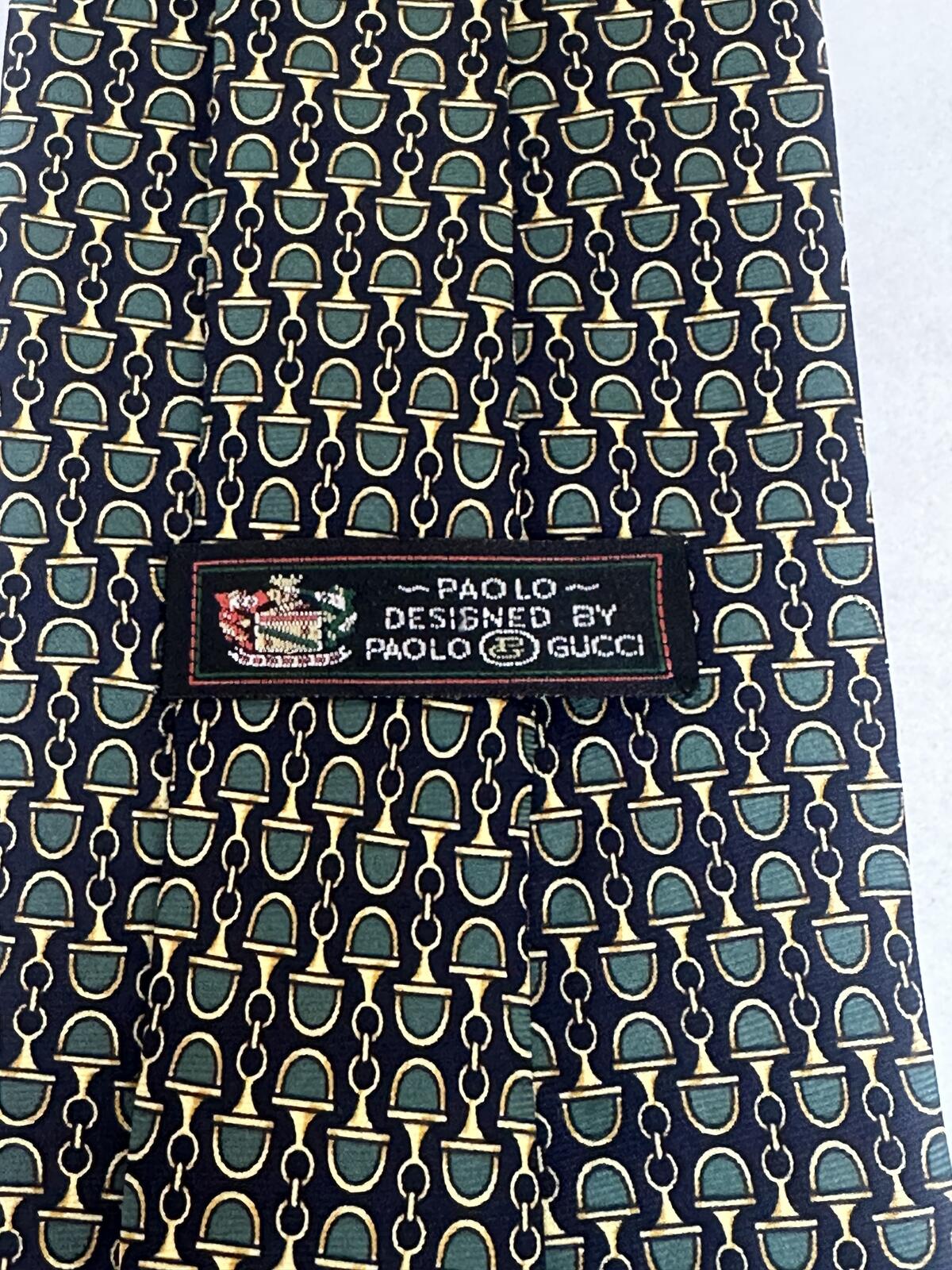 Vintage Gucci Paolo 100% Italian silk tie navy green gold horsebit equestrian