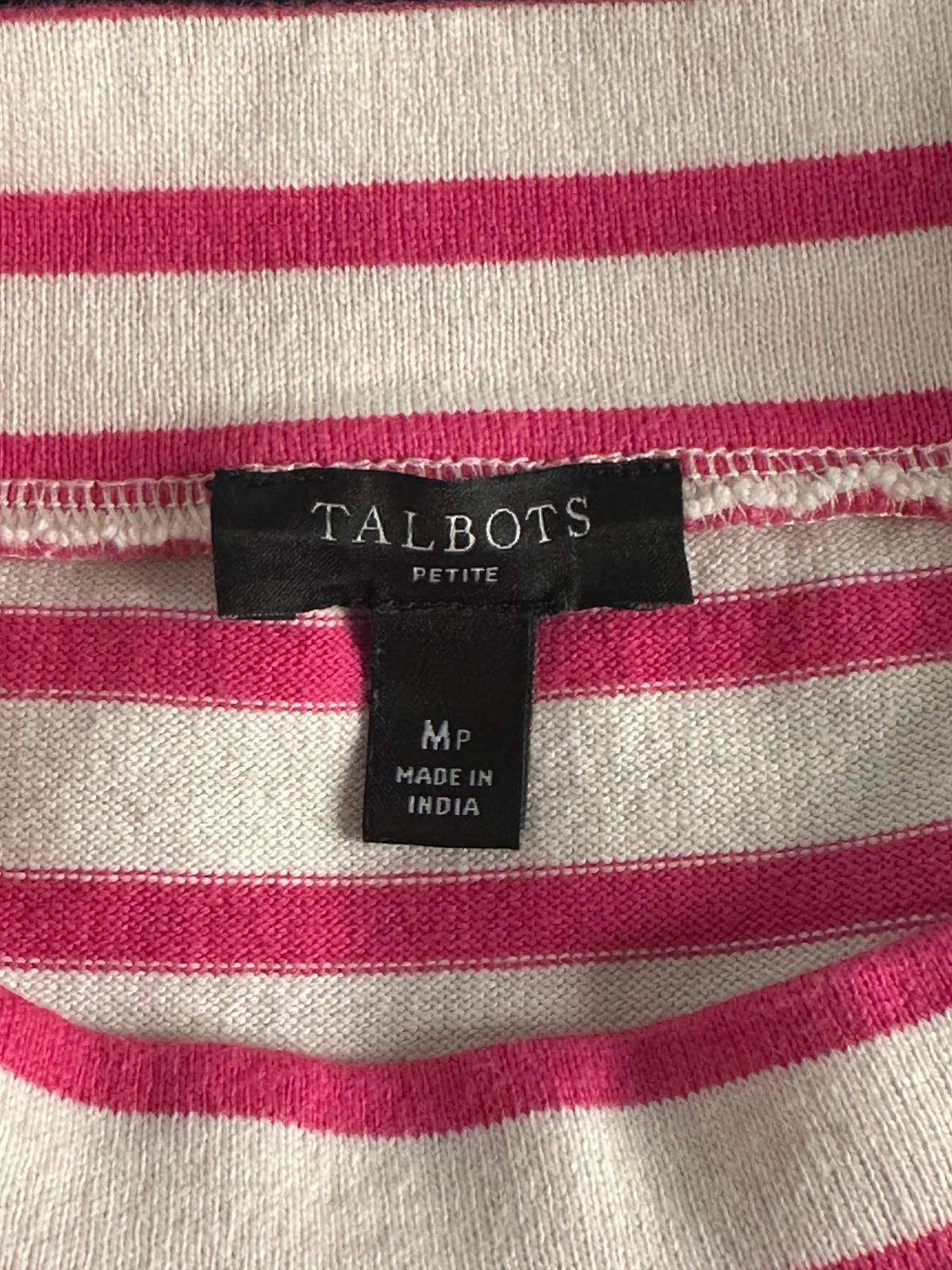 Talbots pink/white cotton striped lace eyelet trim mock neck top Size MP