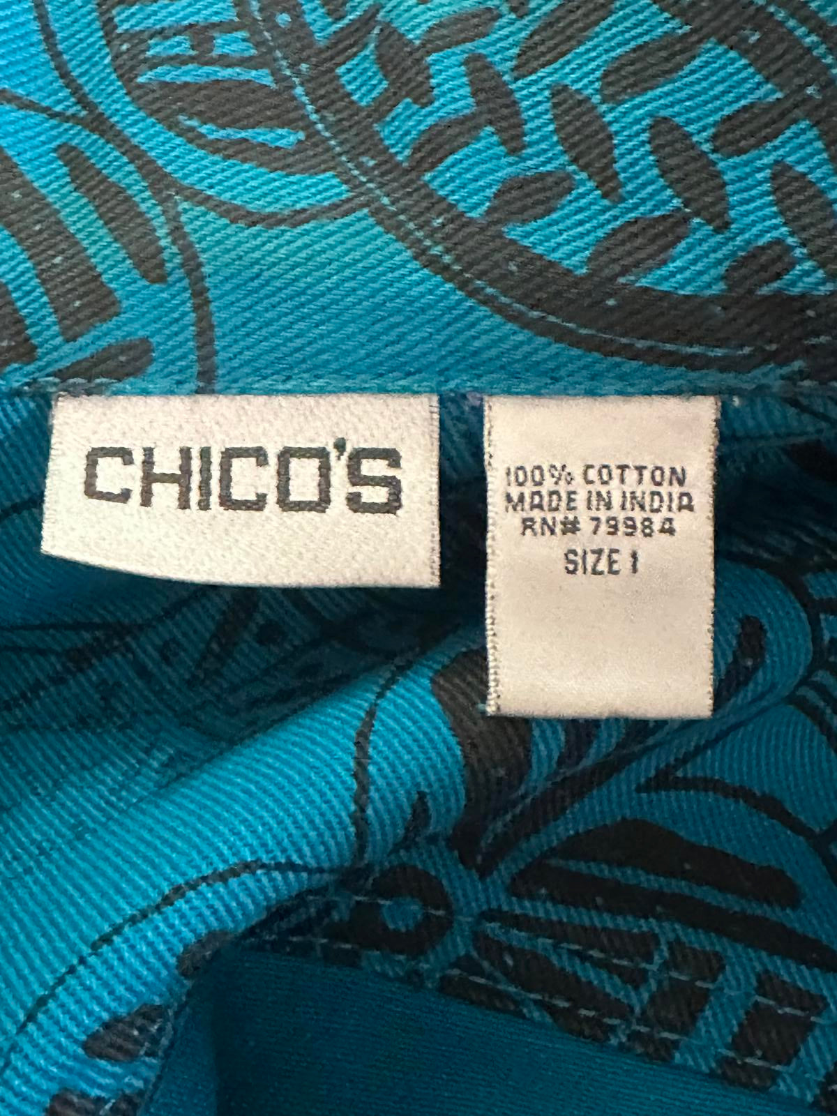 Chico's teal/black artsy tribal floral cotton denim jacket Size 1/Med/8