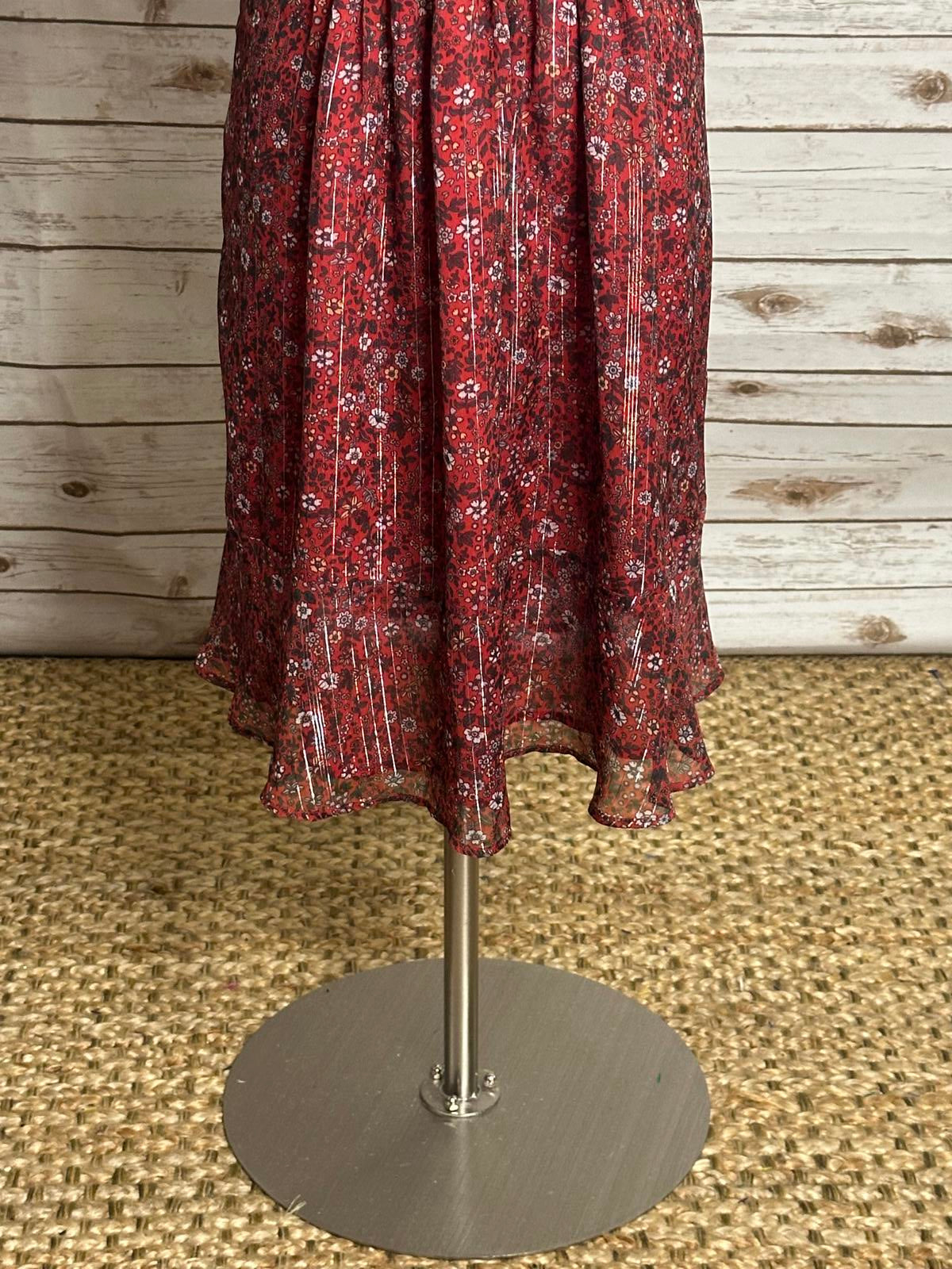 Anthropologie Ranna Gill red ditsy floral Franny smocked mini dress Size Small