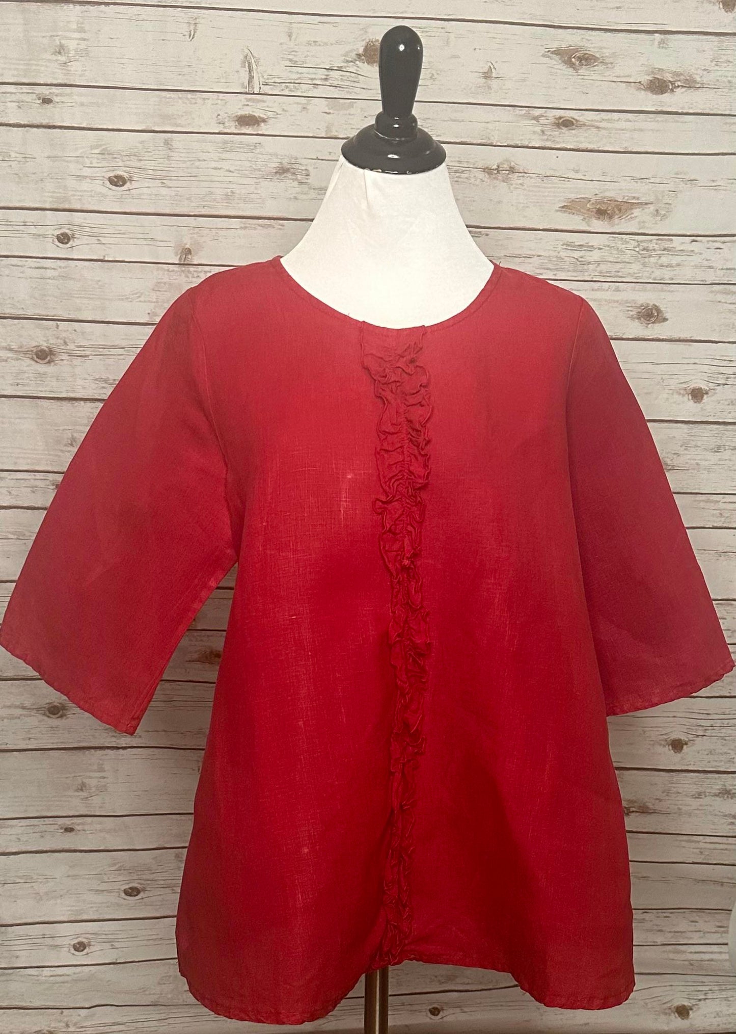 Bryn Walker tomato girl red ruffle front 3/4 length sleeve linen top Size Small