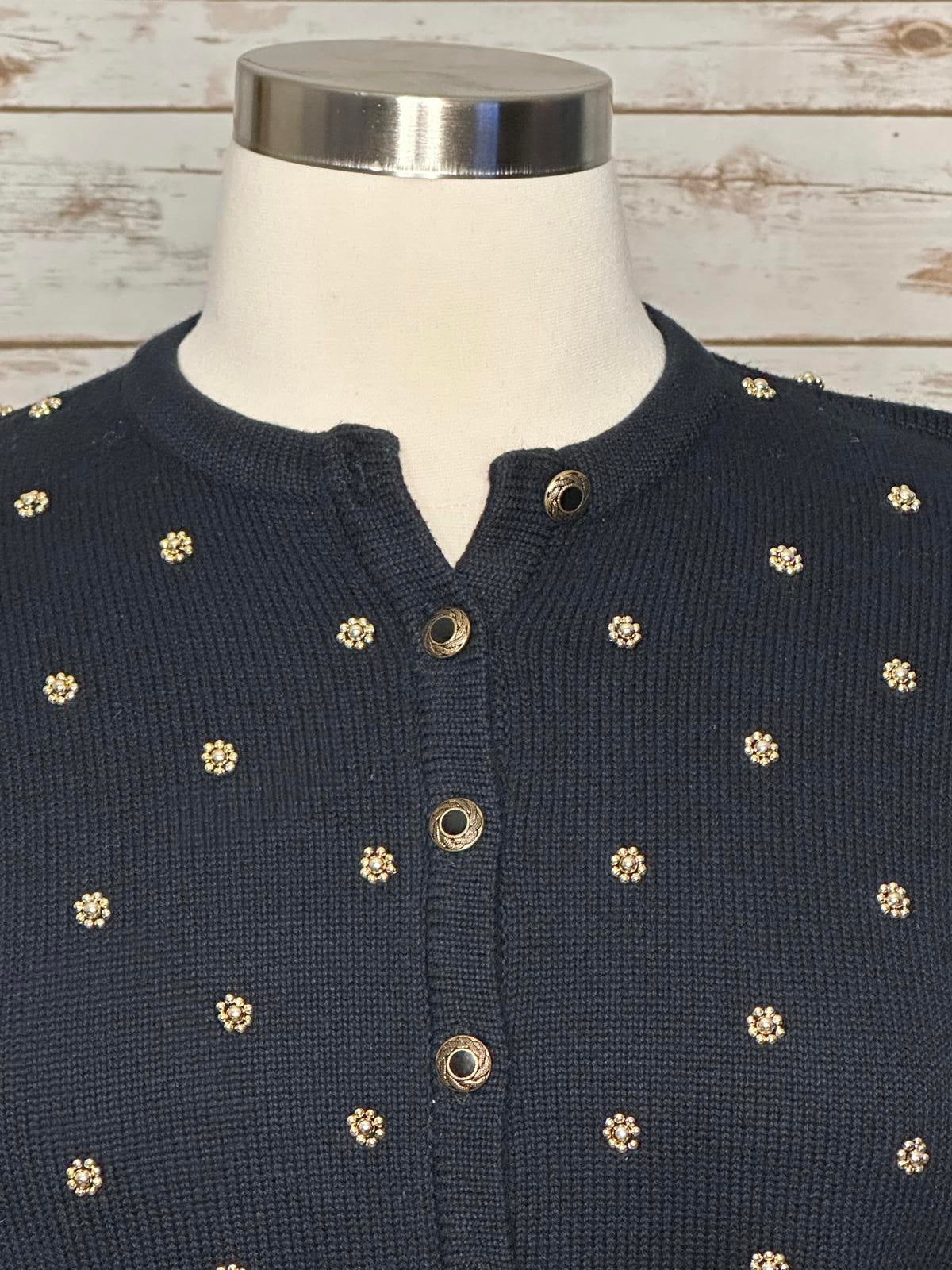 Vtg Marissa Christina Classic navy blue gold beading cardigan sweater Size Large