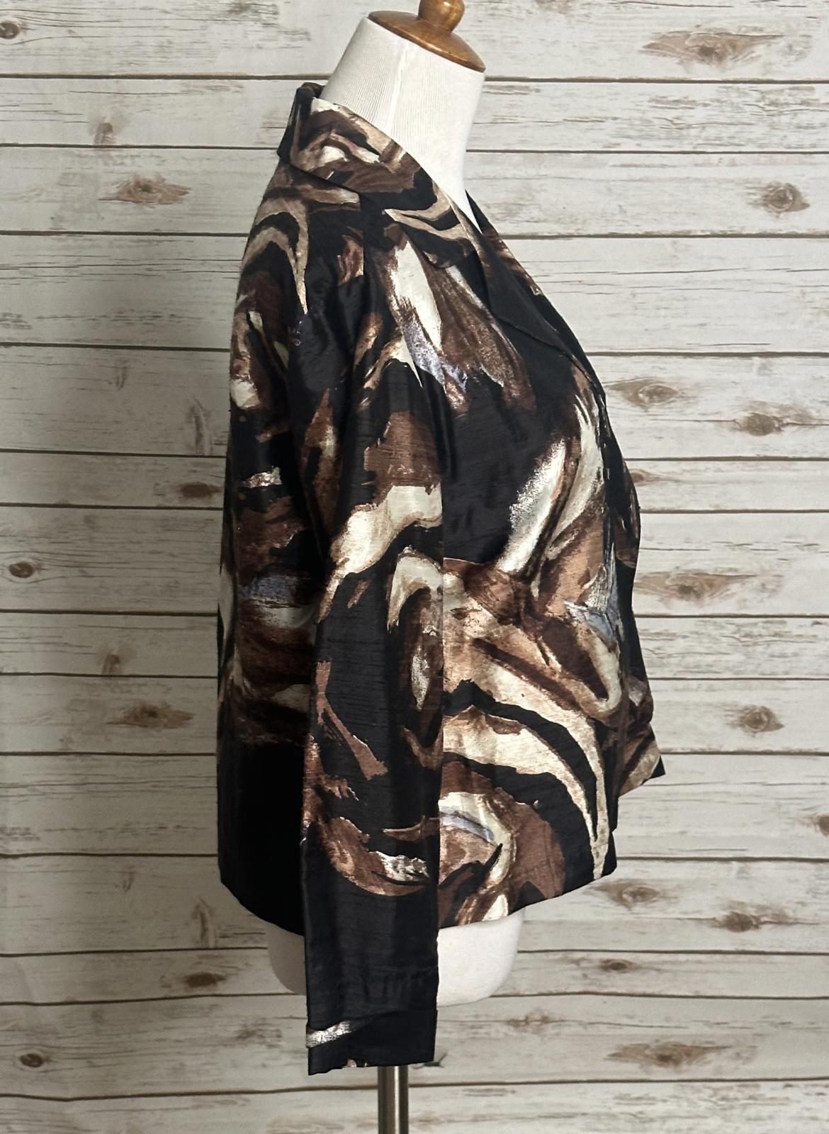 Chico's artsy black and brown watercolor floral silk open jacket Size 1/Med/8