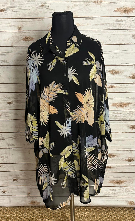 Lulus black/multicolored sheer oversized Hawaiian button-up tunic Size XS