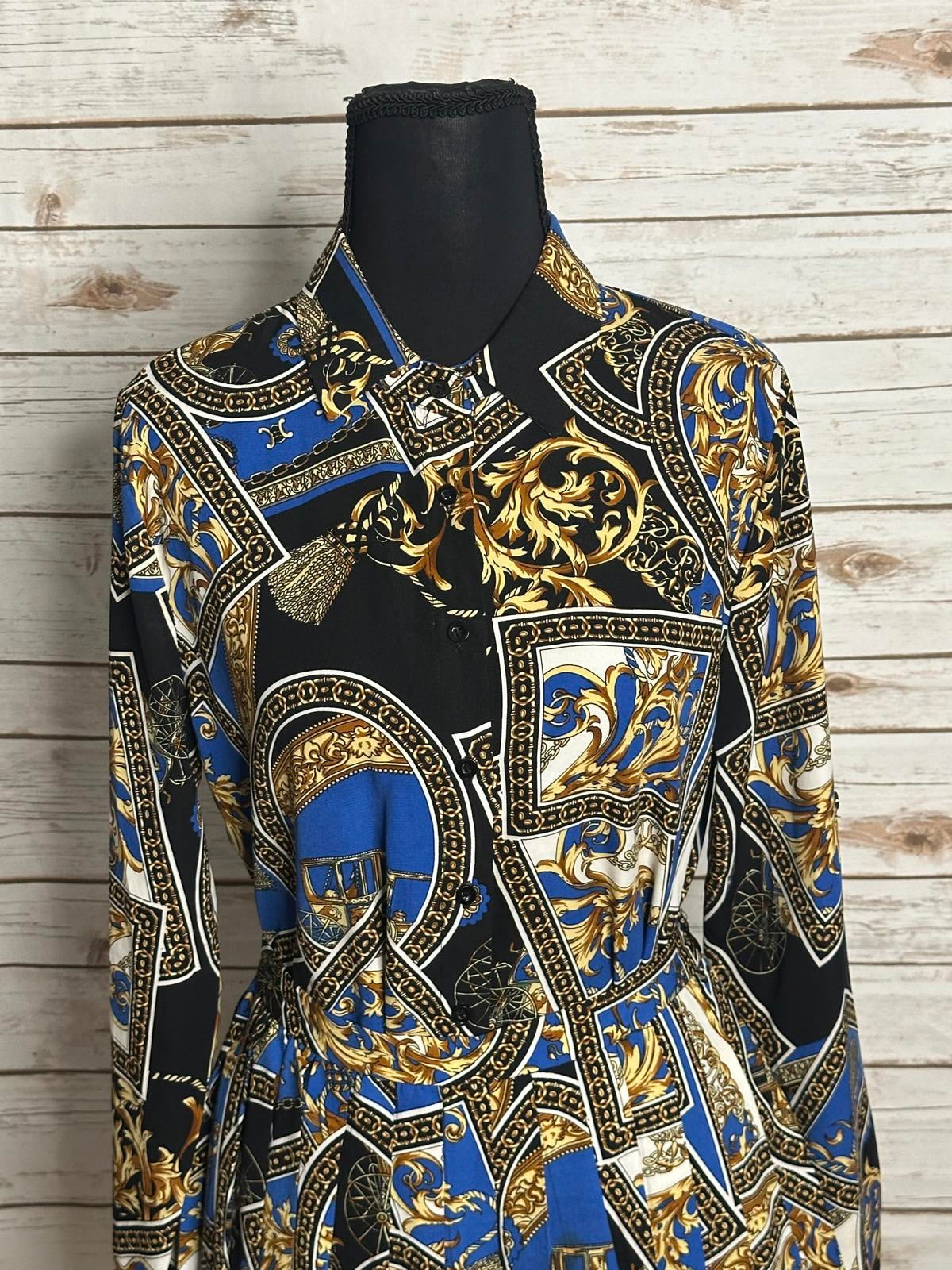 Fashion Nova baroque-style long sleeve button-up shirt/pleated skirt set Size S