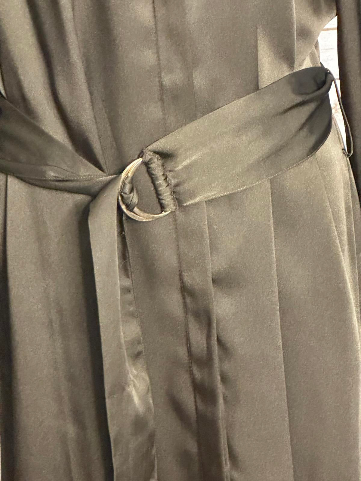 Zara olive green satin grommet detail belted Ring Trim maxi shirtdress Size M