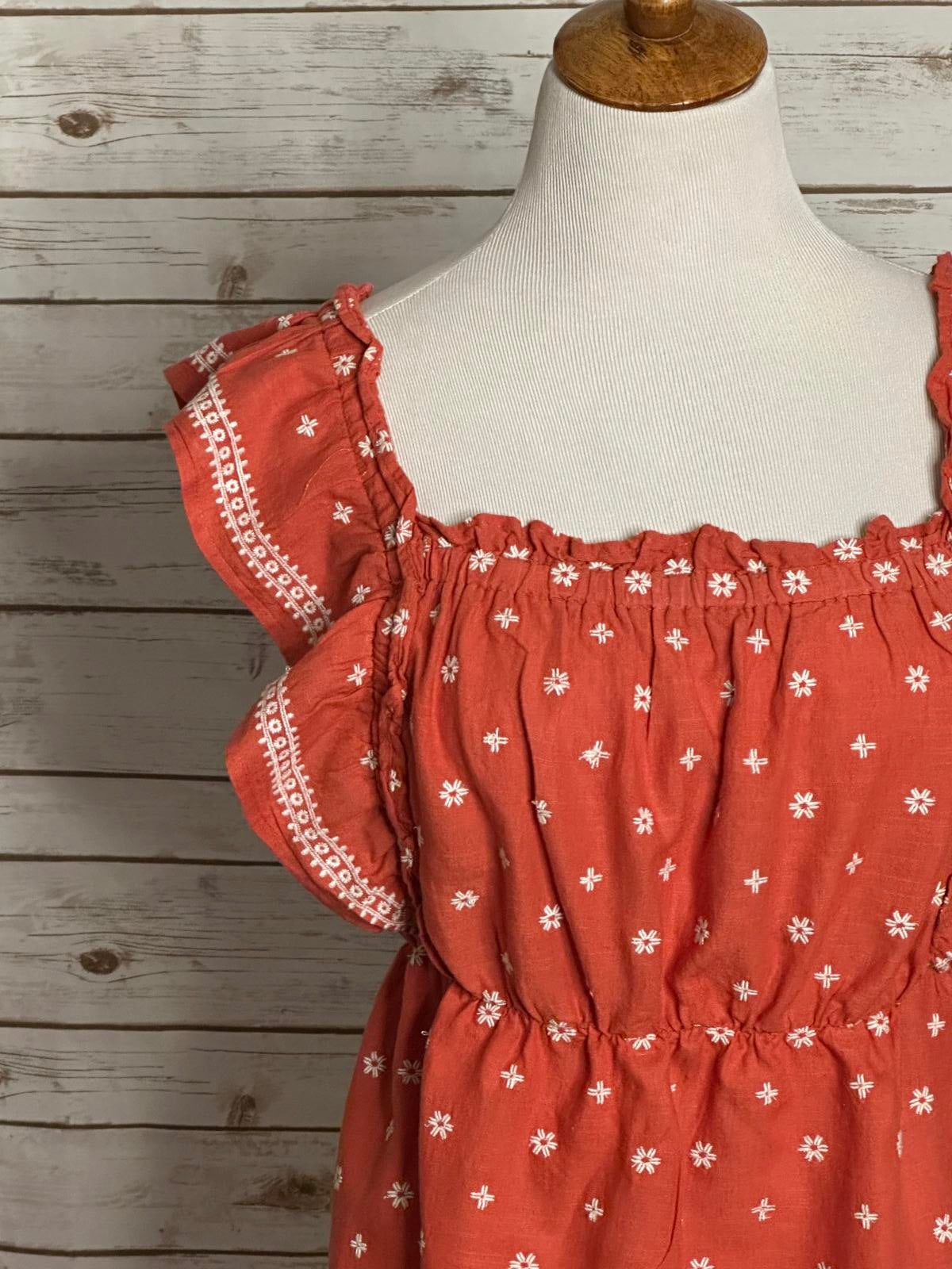 Old Navy cotton/linen ruffled embroidered floral smocked babydoll top Size Large