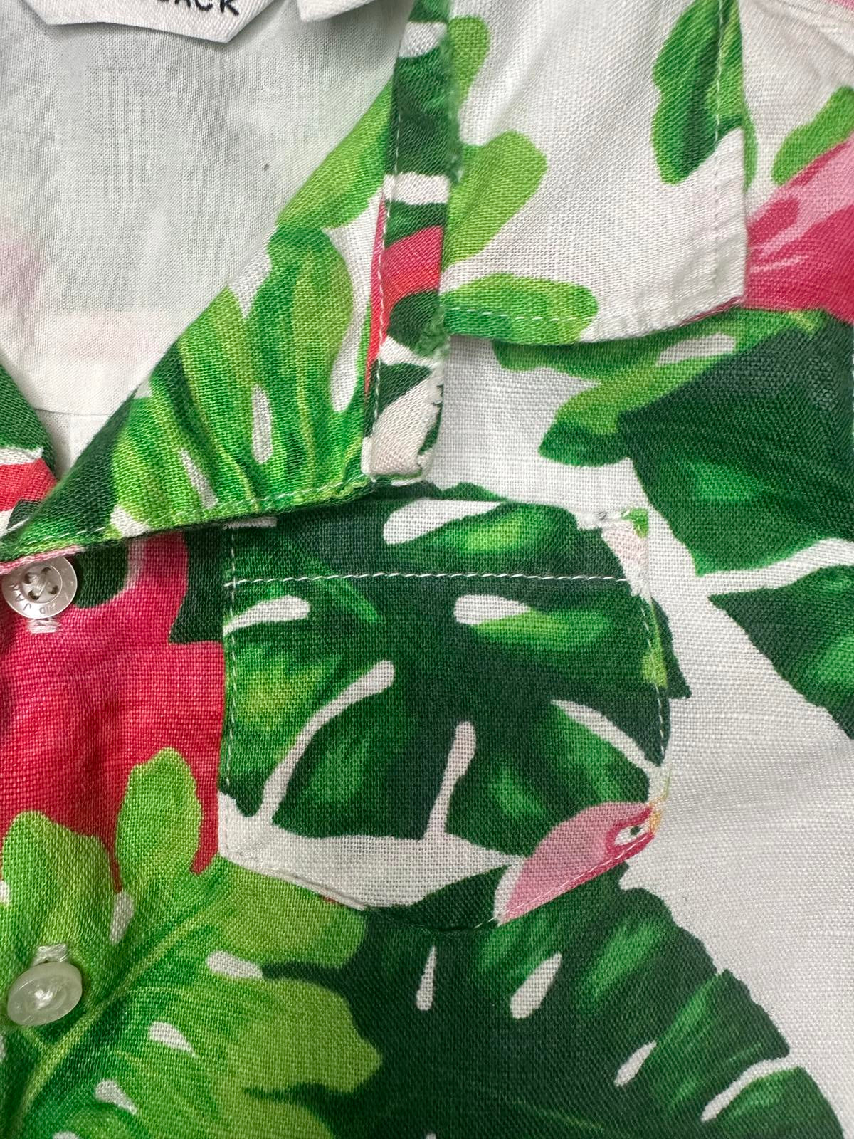 Janie & Jack bright tropical flamingo linen romper Size 18-24 months