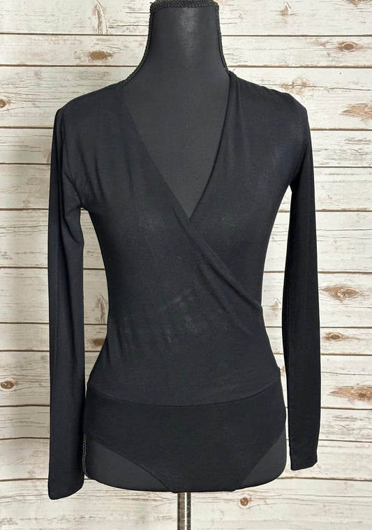 J.Crew black office siren long sleeve surplice faux wrap front bodysuit Size XXS
