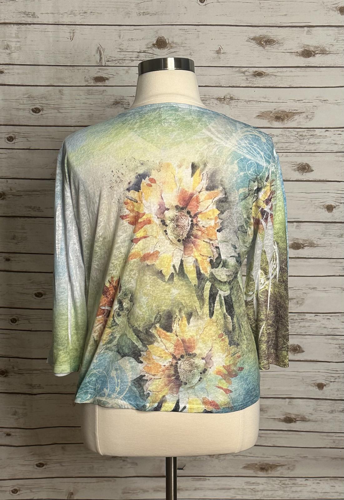 Jess & Jane artsy boho burnout studded/beaded V-neck Sunflowers t-shirt Size XL