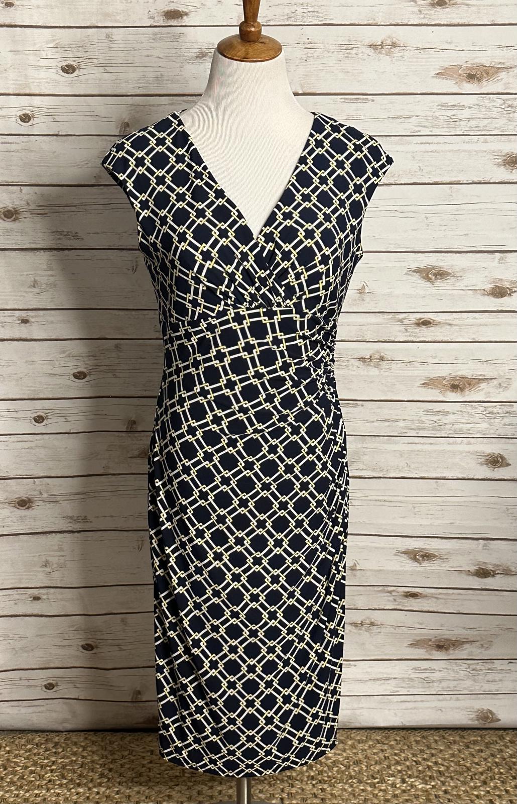 Lauren Ralph Lauren navy/yellow/white ruched faux wrap sheath dress Size 10