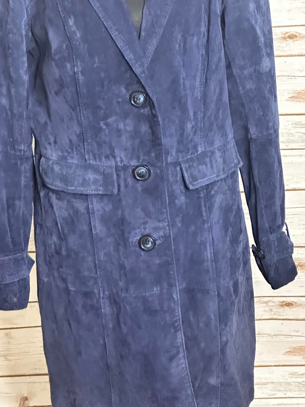 Isaac Mizrahi Live classic blue suede single-breasted trench coat Size Small