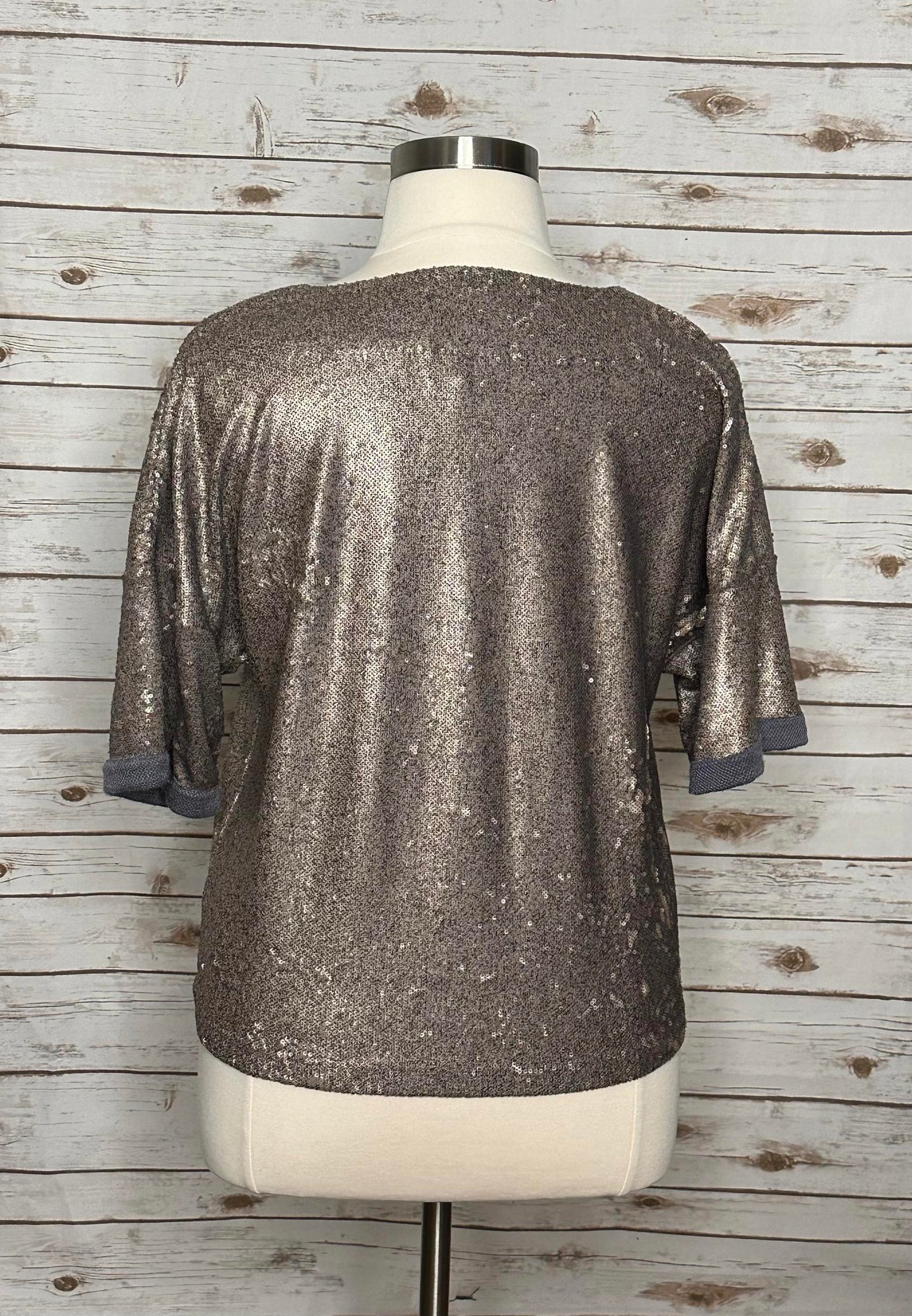 Anthropologie Deletta gold sequin boxy V-neck blouse Size Large