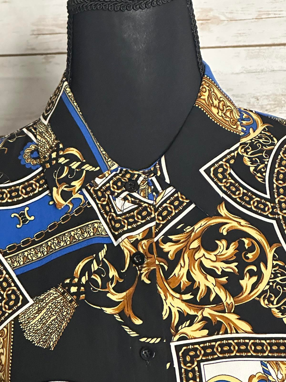 Fashion Nova baroque-style long sleeve button-up shirt/pleated skirt set Size S