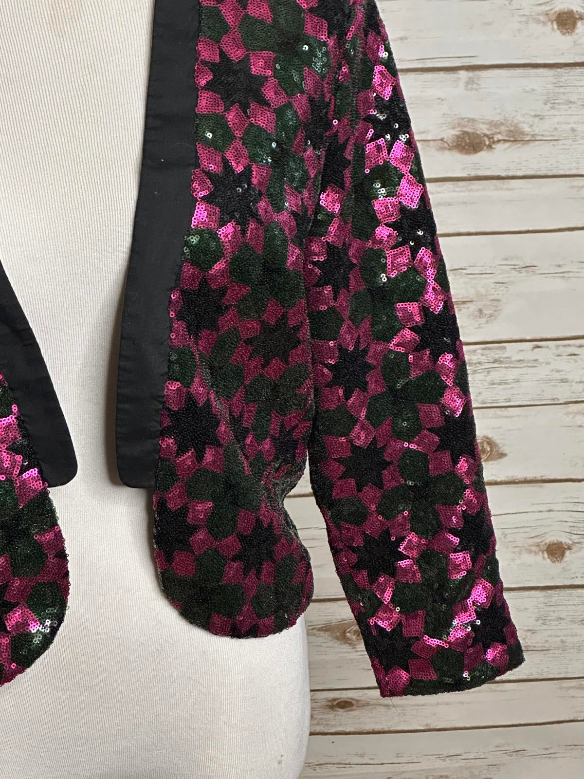 ASOS fuchsia/green geometric sequin open tuxedo jacket Size 8