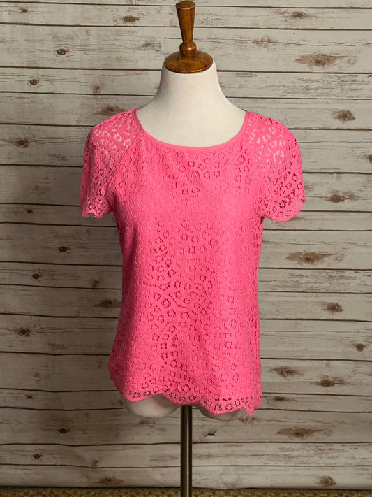 J. Crew classic bright pink coquette Rainbow Lace short sleeve blouse Size 4