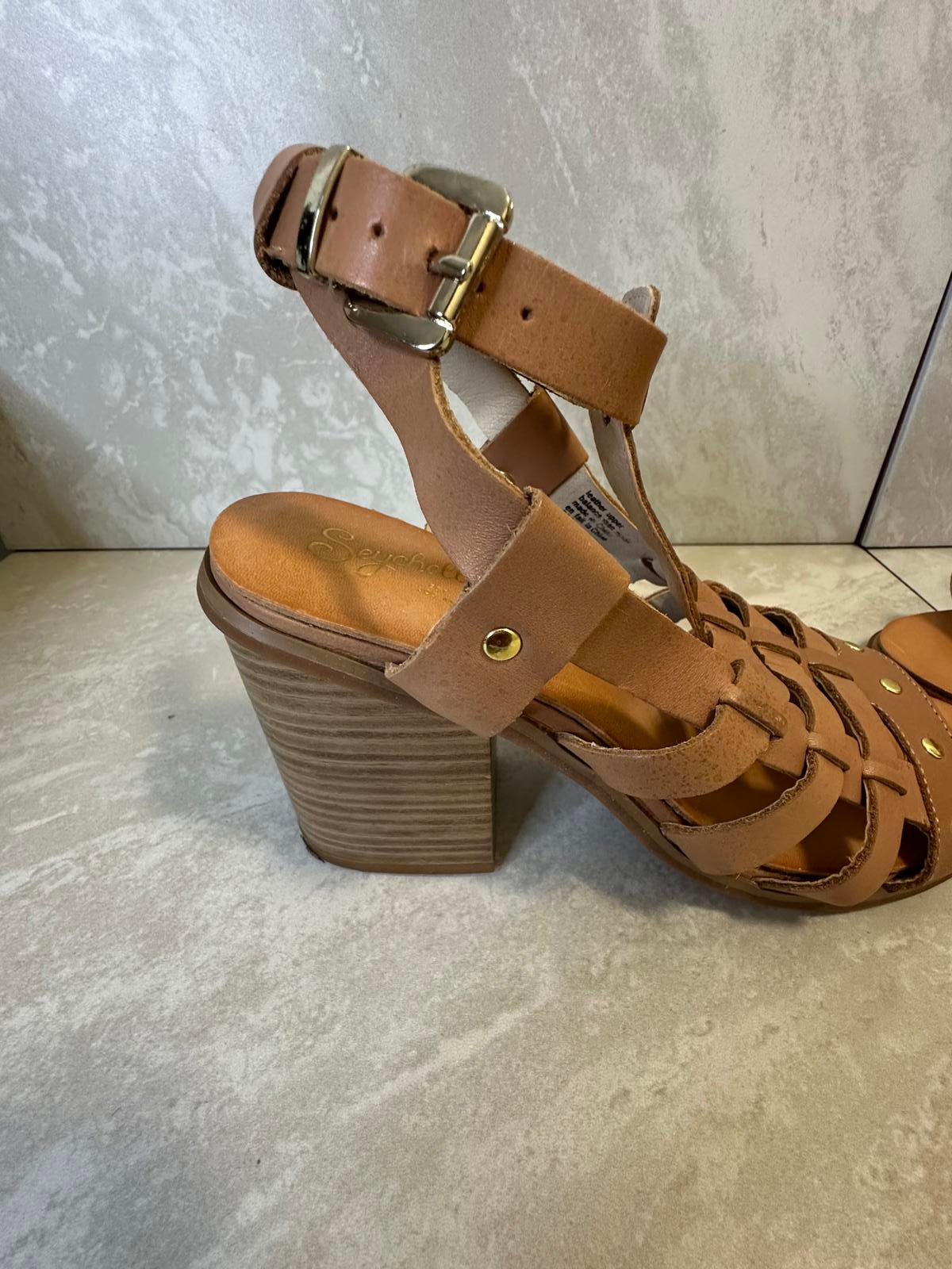 Anthropologie Seychelles tan strappy block heel sandals Size 6.5
