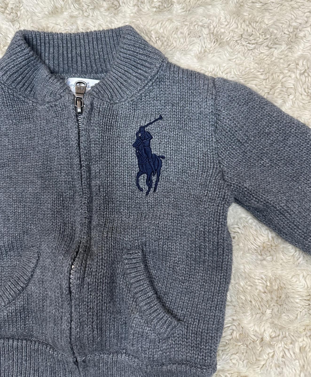 Ralph Lauren Big Pony grey/navy blue cotton full zip cardigan sweater Size 12M