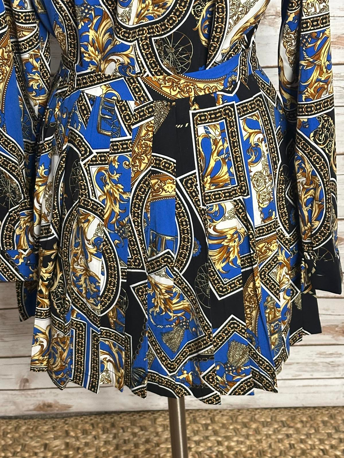 Fashion Nova baroque-style long sleeve button-up shirt/pleated skirt set Size S