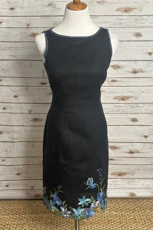 Vintage Talbots black/multicolored embroidered floral linen sheath dress Size 8