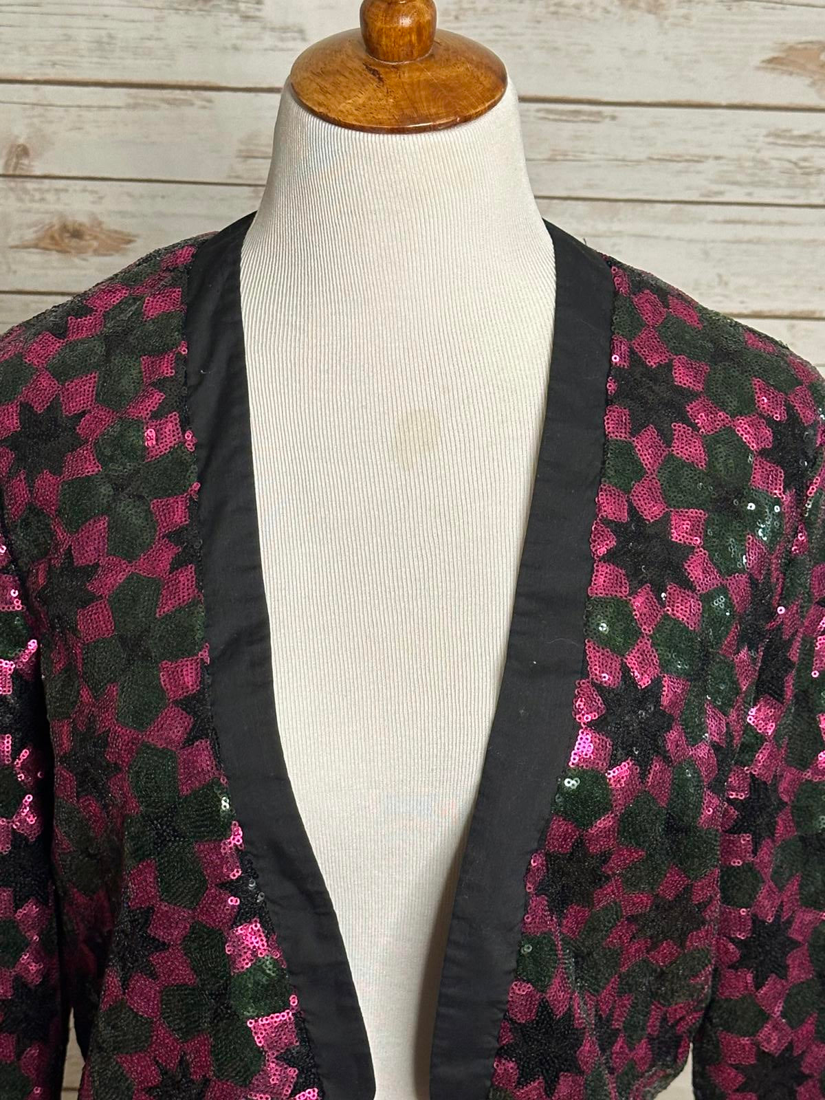ASOS fuchsia/green geometric sequin open tuxedo jacket Size 8