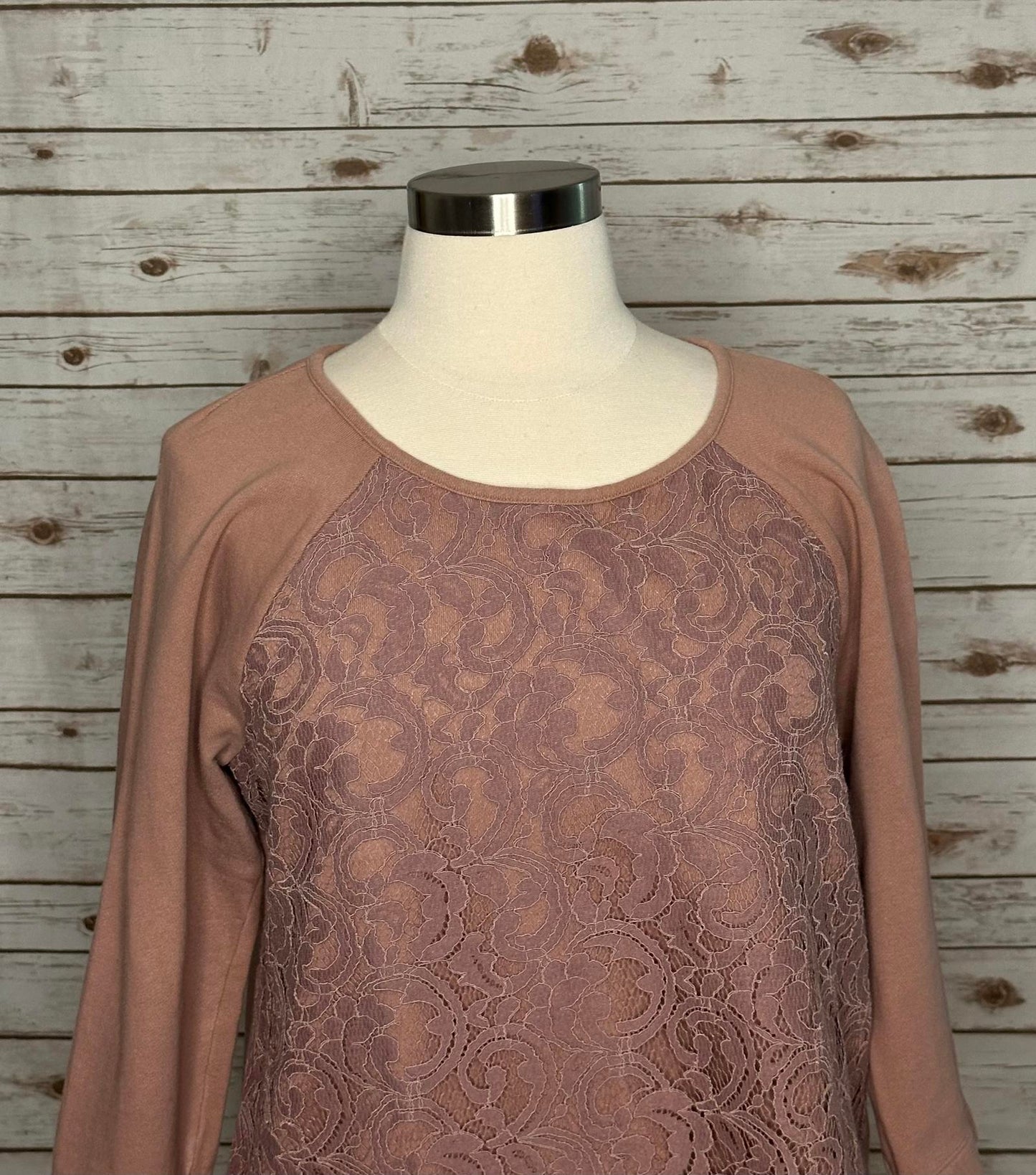 LOFT mauve cotton lace overlay fleece top Size XL