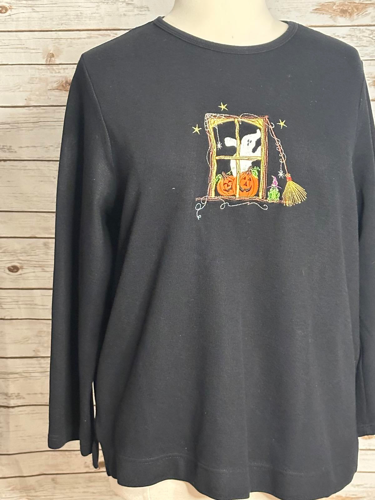 White Stag black ribbed long sleeve Halloween embroidered top Size 18W/20W