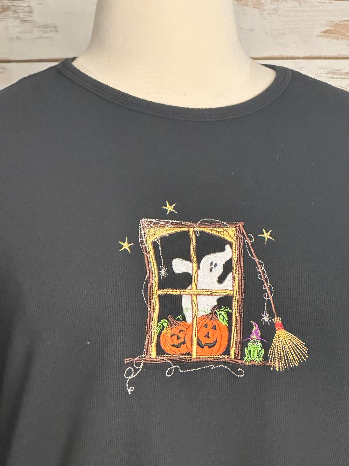 White Stag black ribbed long sleeve Halloween embroidered top Size 18W/20W