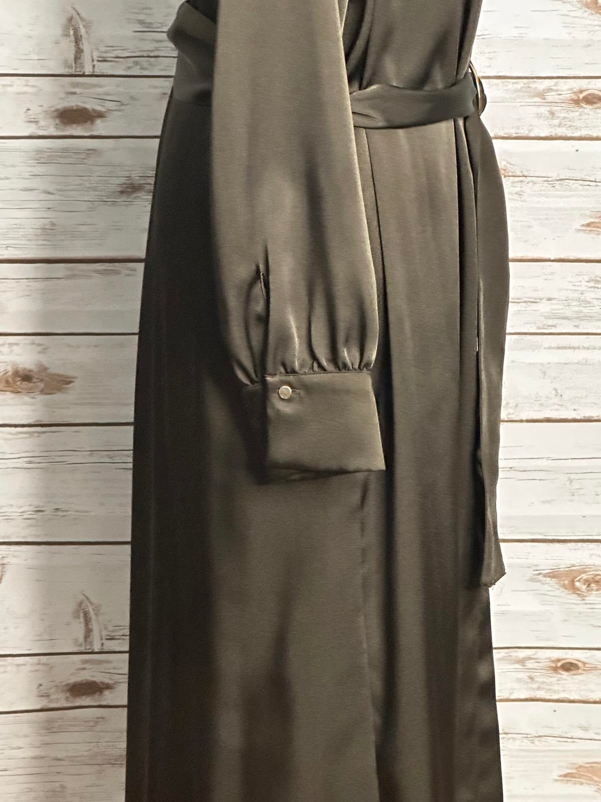 Zara olive green satin grommet detail belted Ring Trim maxi shirtdress Size M