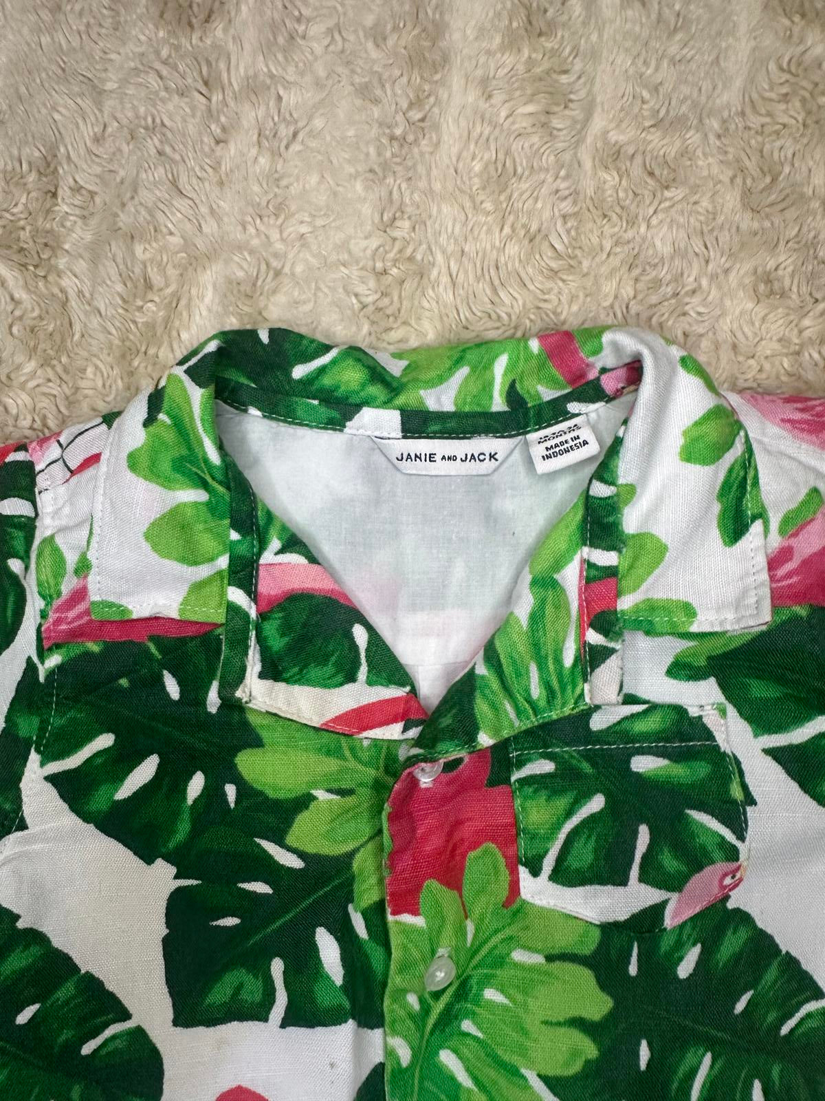 Janie & Jack bright tropical flamingo linen romper Size 18-24 months