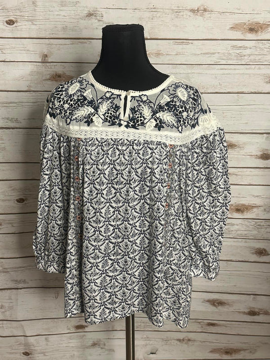Sundance boho navy/white embroidered lace floral peasant blouse/top Size Small