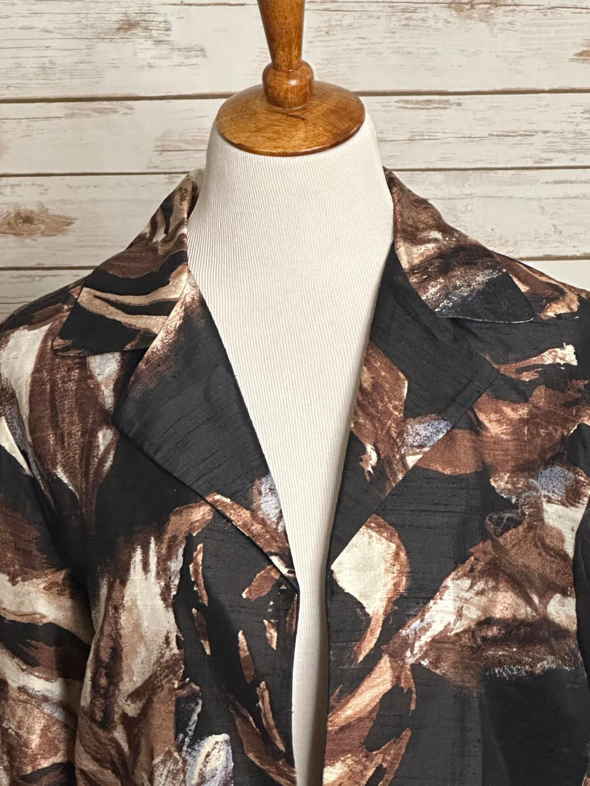 Chico's artsy black and brown watercolor floral silk open jacket Size 1/Med/8