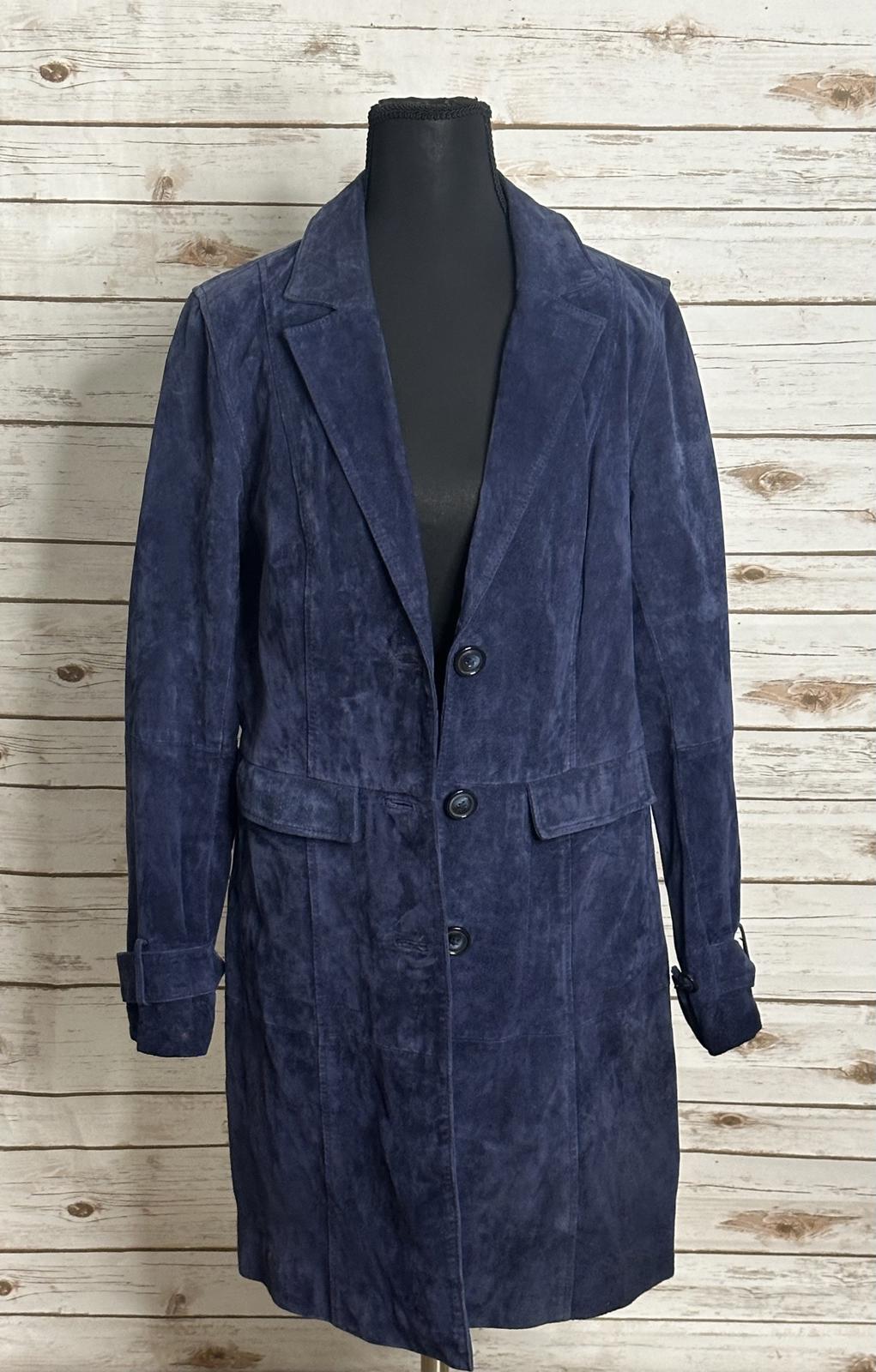 Isaac Mizrahi Live classic blue suede single-breasted trench coat Size Small