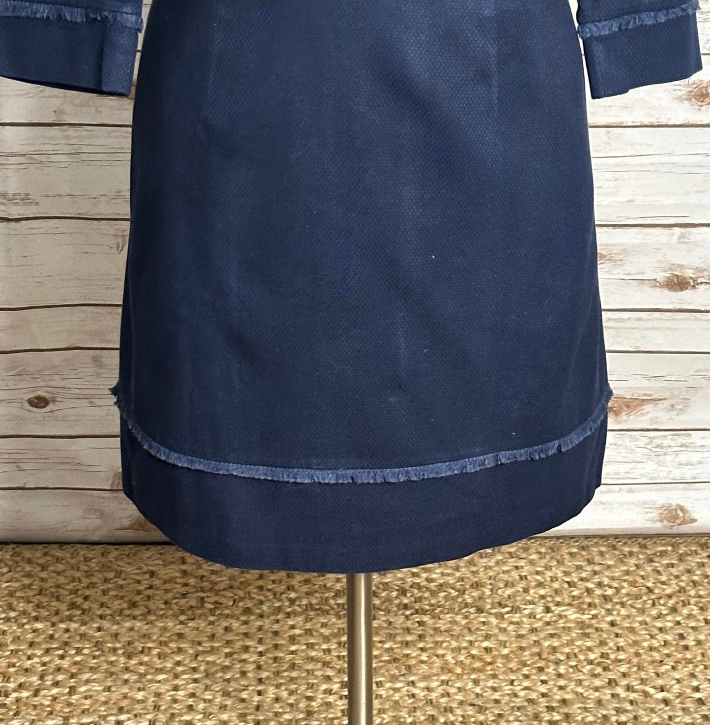 Boden navy blue office siren cotton frayed trimmed textured sheath dress Size 16