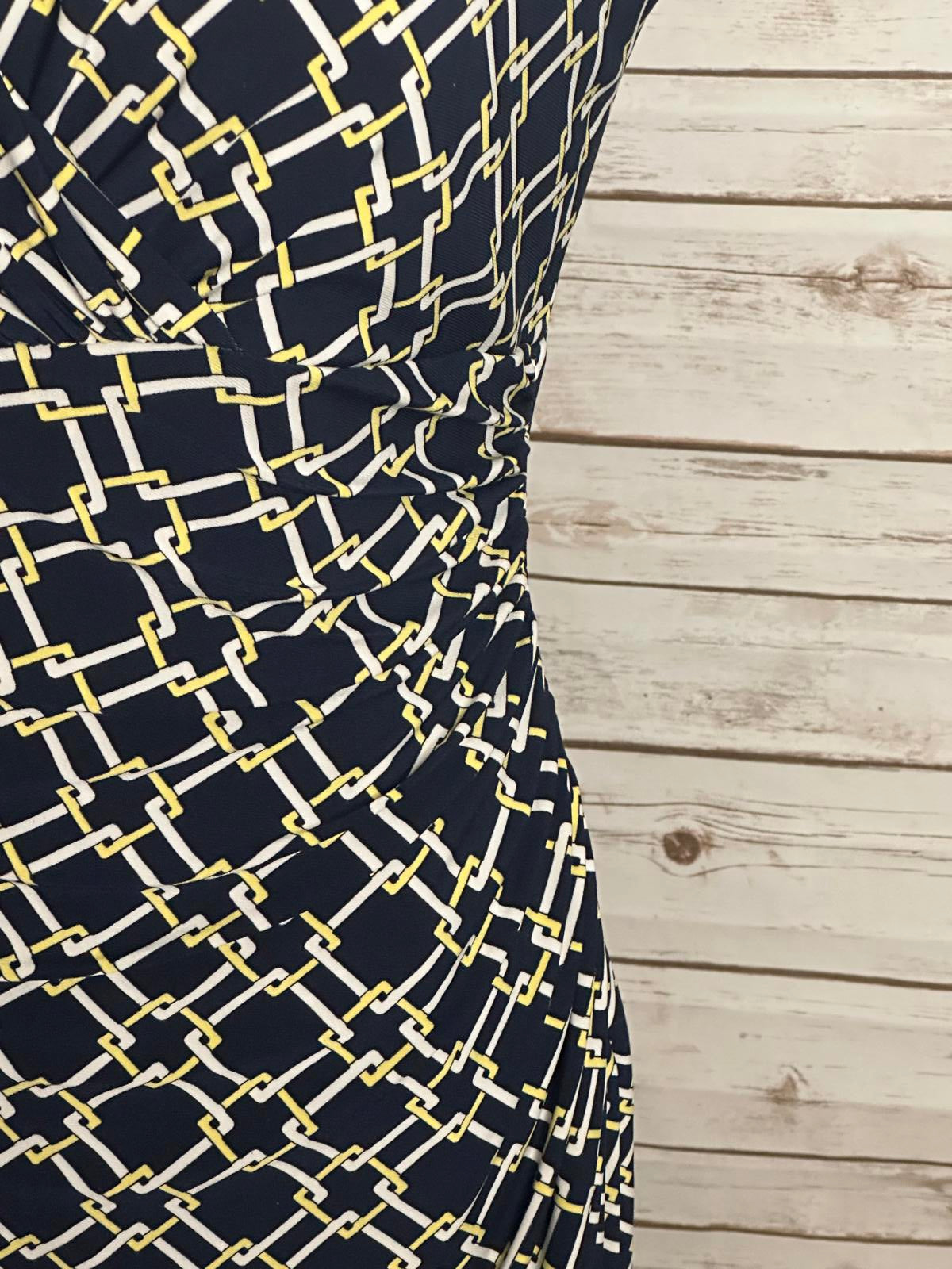 Lauren Ralph Lauren navy/yellow/white ruched faux wrap sheath dress Size 10