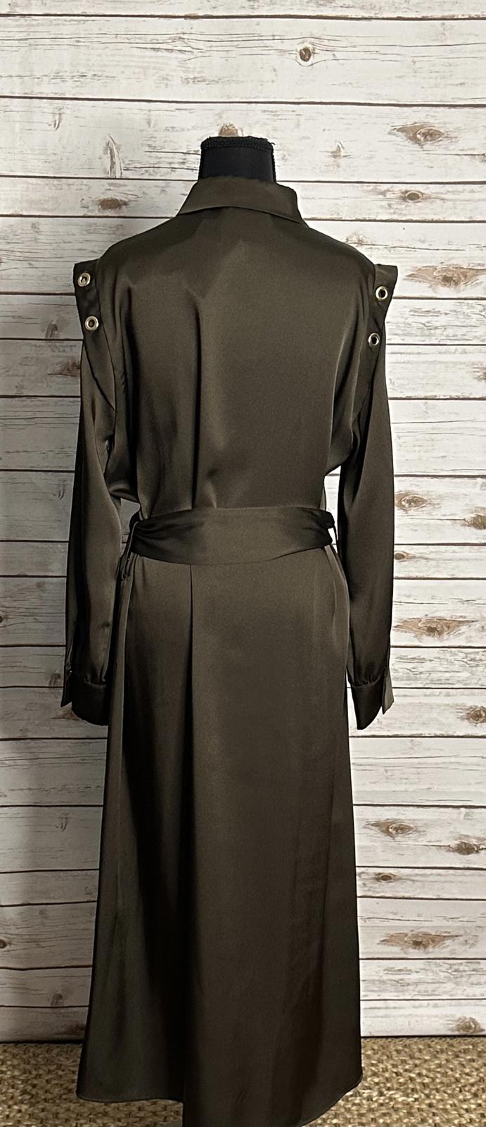Zara olive green satin grommet detail belted Ring Trim maxi shirtdress Size M