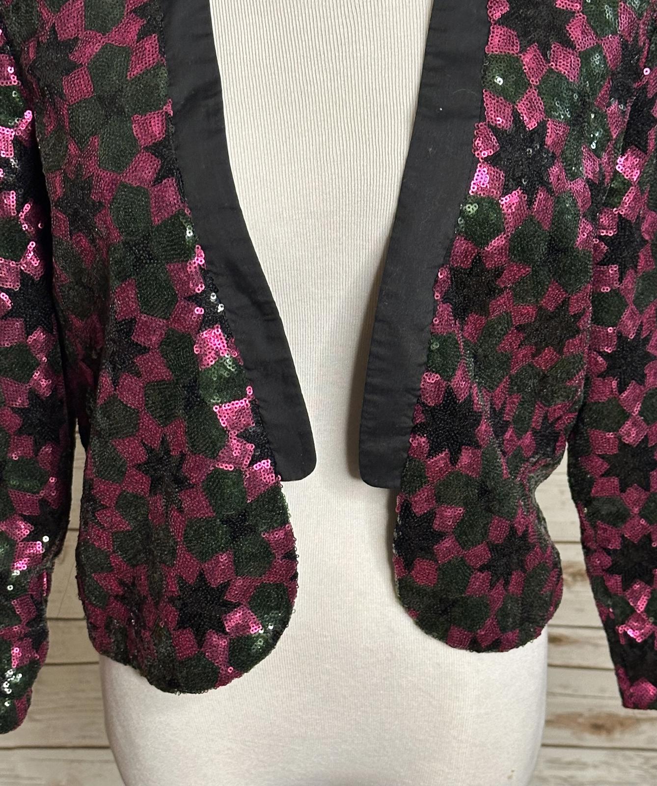 ASOS fuchsia/green geometric sequin open tuxedo jacket Size 8