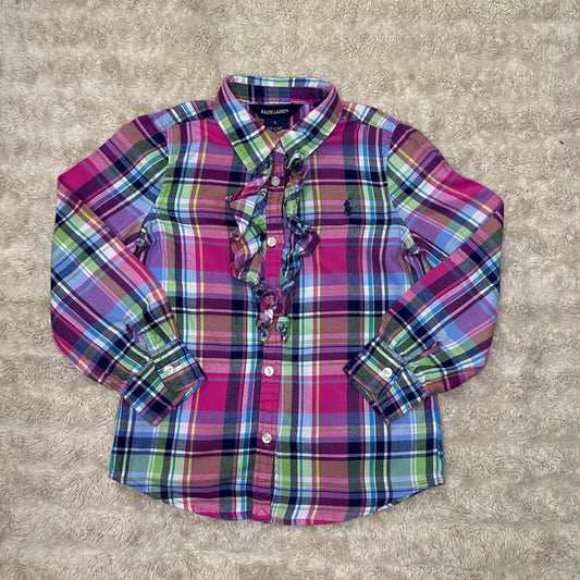 Ralph Lauren multicolored plaid cotton ruffle front button-down shirt Size 5