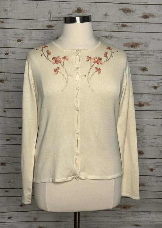 Vintage Rena Rowan cream floral embroidered button-down cardigan sweater Size XL