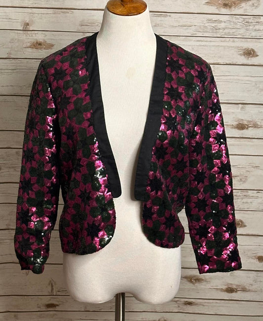ASOS fuchsia/green geometric sequin open tuxedo jacket Size 8