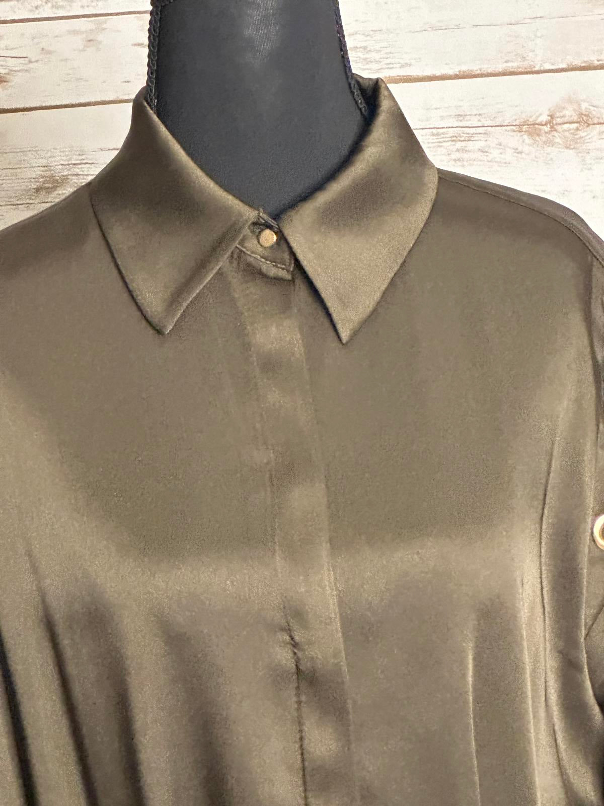 Zara olive green satin grommet detail belted Ring Trim maxi shirtdress Size M