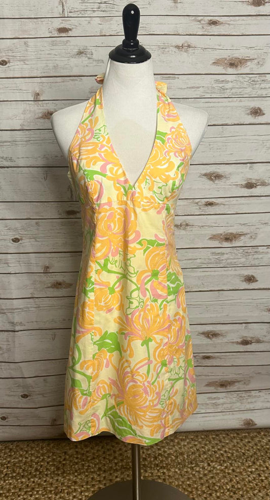 Vintage Lilly Pulitzer yellow floral preppy cotton halter dress Size 4