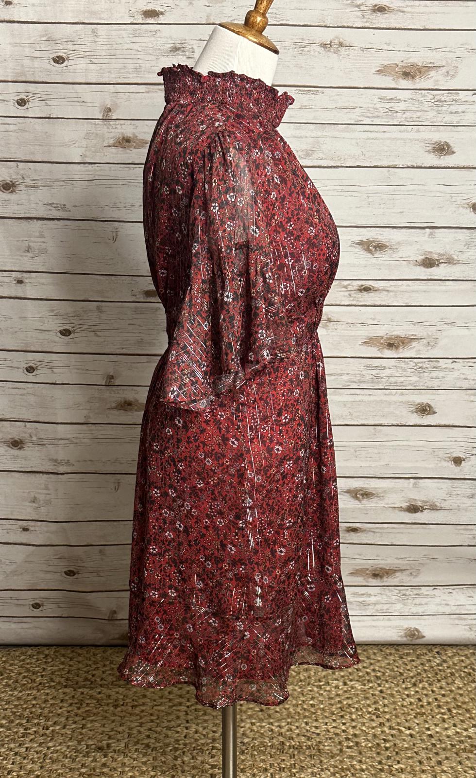 Anthropologie Ranna Gill red ditsy floral Franny smocked mini dress Size Small