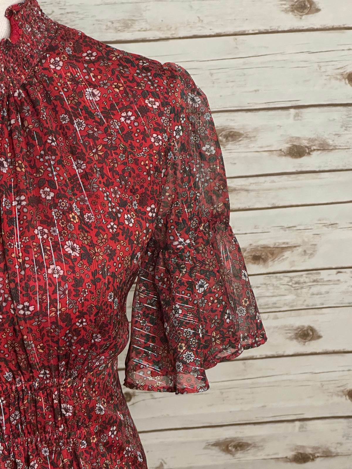 Anthropologie Ranna Gill red ditsy floral Franny smocked mini dress Size Small